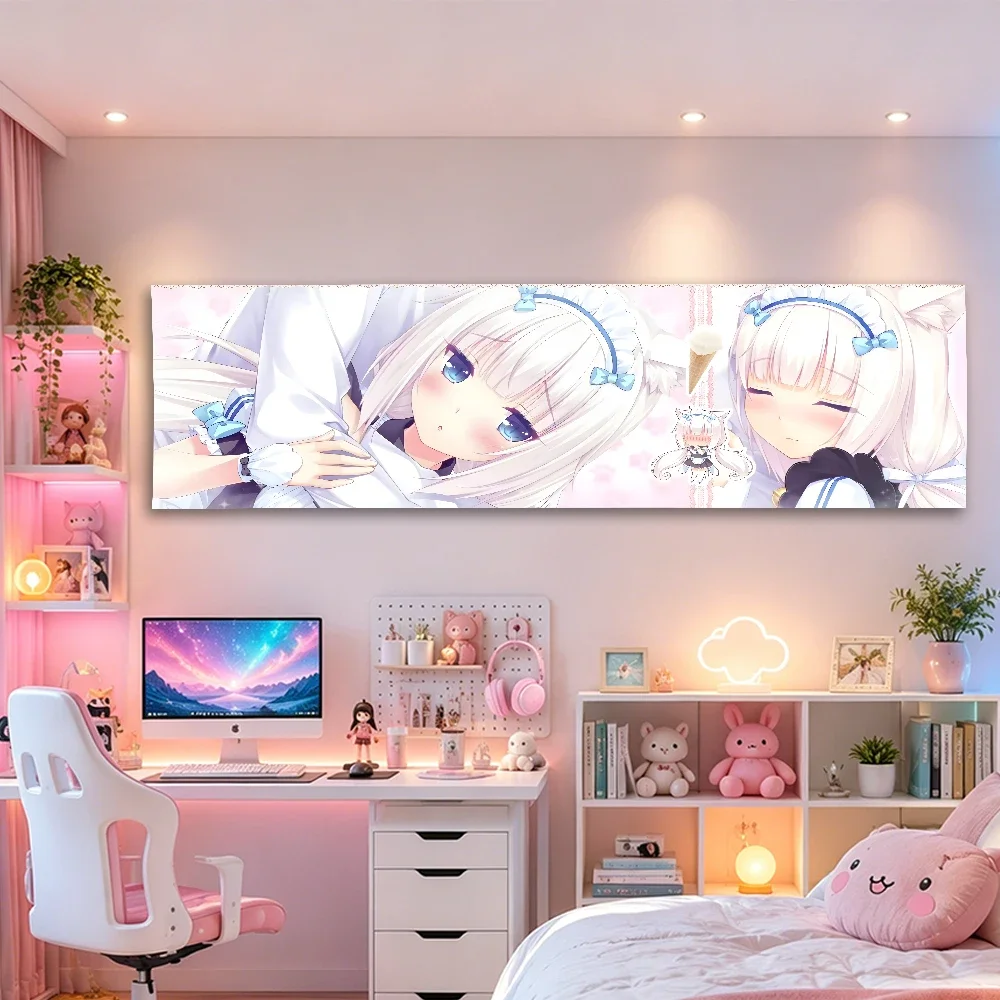 Nekopara Vanilla Long Tapestry, White Cat Maid Pink Sakura Anime Wide Wall Hanging Bedroom Headboard Decor