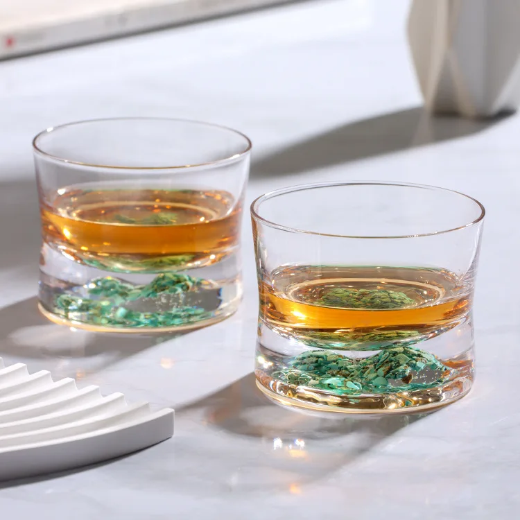 Turquoise Whiskey Glass Thick Base Crystal Bar Cup with Iceberg Bottom for Liquor