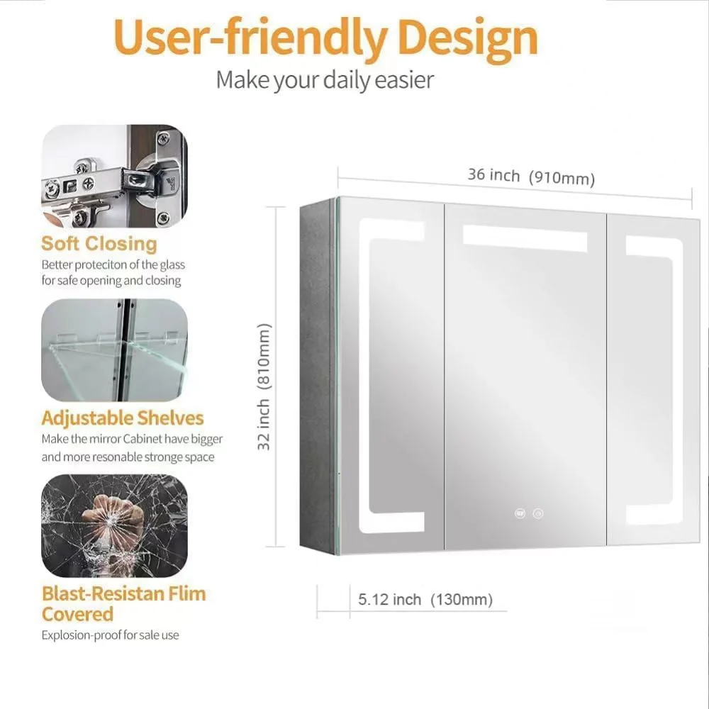 Dimmable LED Medicina Gabinete Luz, espelho do banheiro, Equipado com USB Tomada Prateleira, Luz Interna, Equipado com Defogger, 36 × 32in