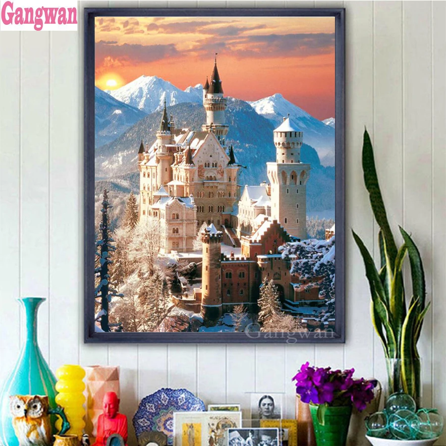 5D DIY Diamond Painting of Winter Building Landscape, Full Drill, Square and Round Diamond, Embroidery Cross Stitch, Mosaic Pain