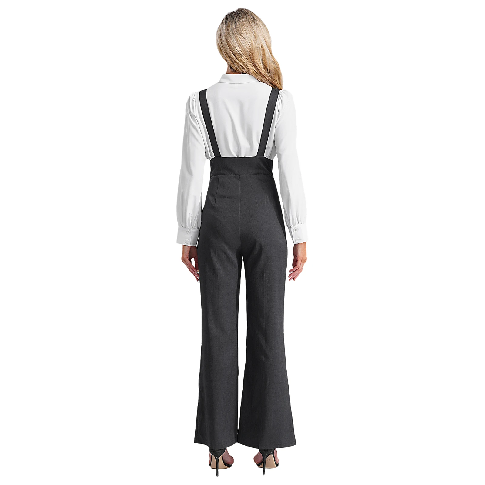 Women High Waist Trousers with Suspender Daily Costumes Fashion Button Zipper Fly Wide-Leg Overalls for Office Work Business