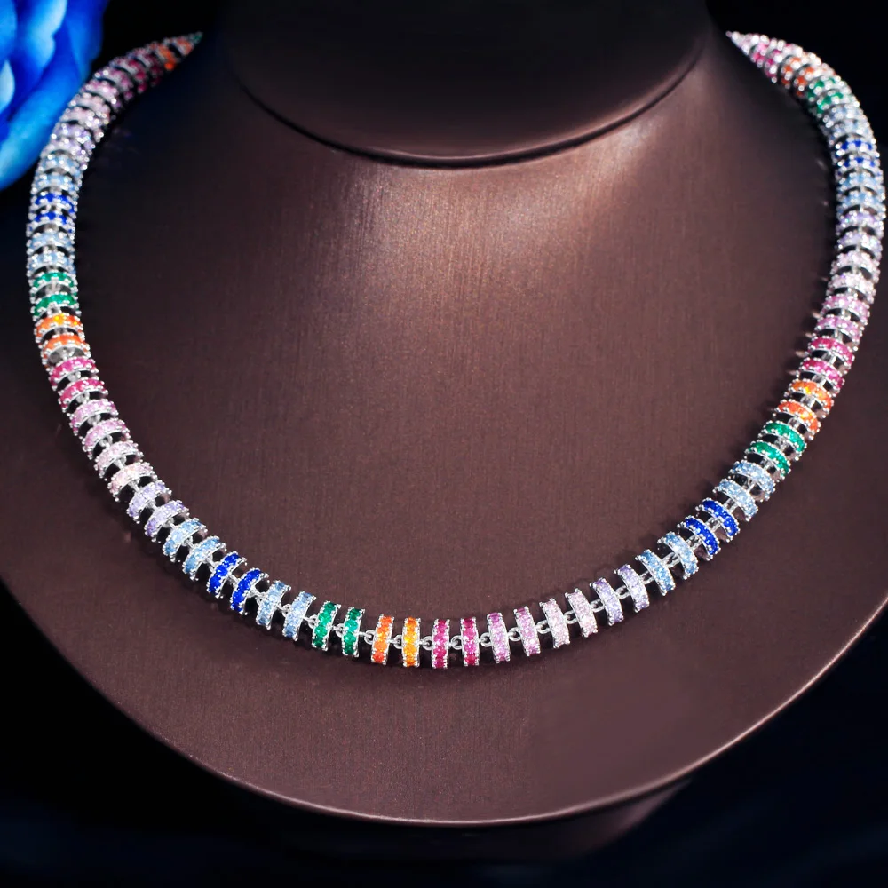 ThreeGraces Unique Multicolor Cubic Zirconia Silver Color Geometric Link Chain Necklace for Women Daily Party Jewelry PN160