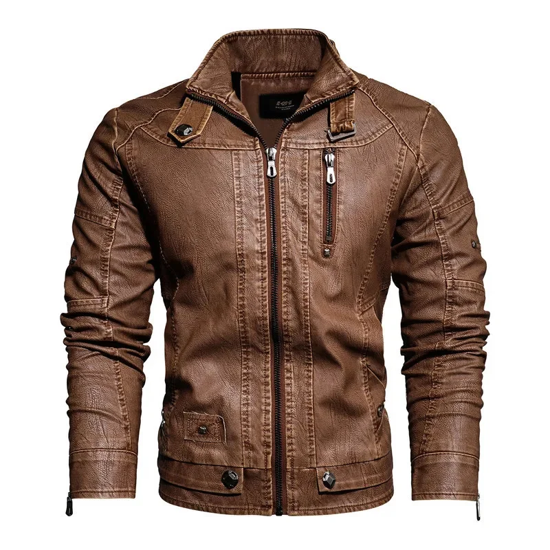 2023 Autumn New Fashion Stand Collar Short Coat Men Slim Fit Solid Color Casual Versatile Biker Leather Jacket