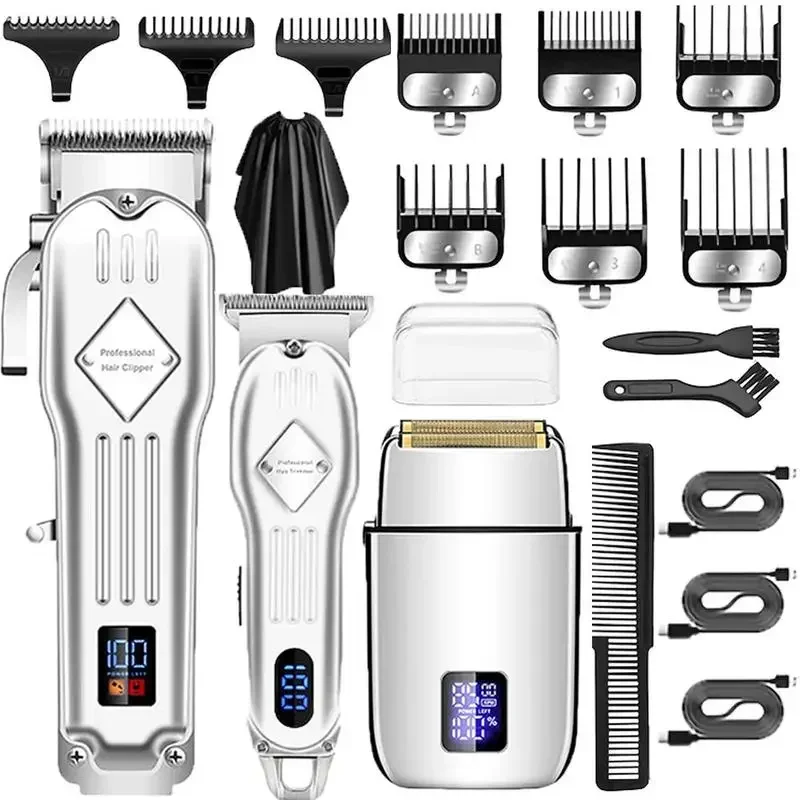 Máquina de cortar cabelo profissional para homens, aparador de cabelo 3 em 1, barbeador elétrico para homens, kit de aparadores sem fio