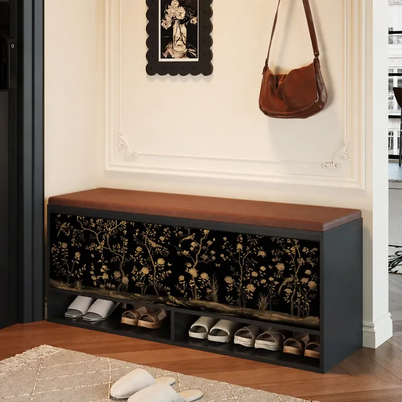 American Style Floral Bird Pattern Solid Wood Shoe Changing Stool Entryway Storage Bench with Seat Home Furniture
