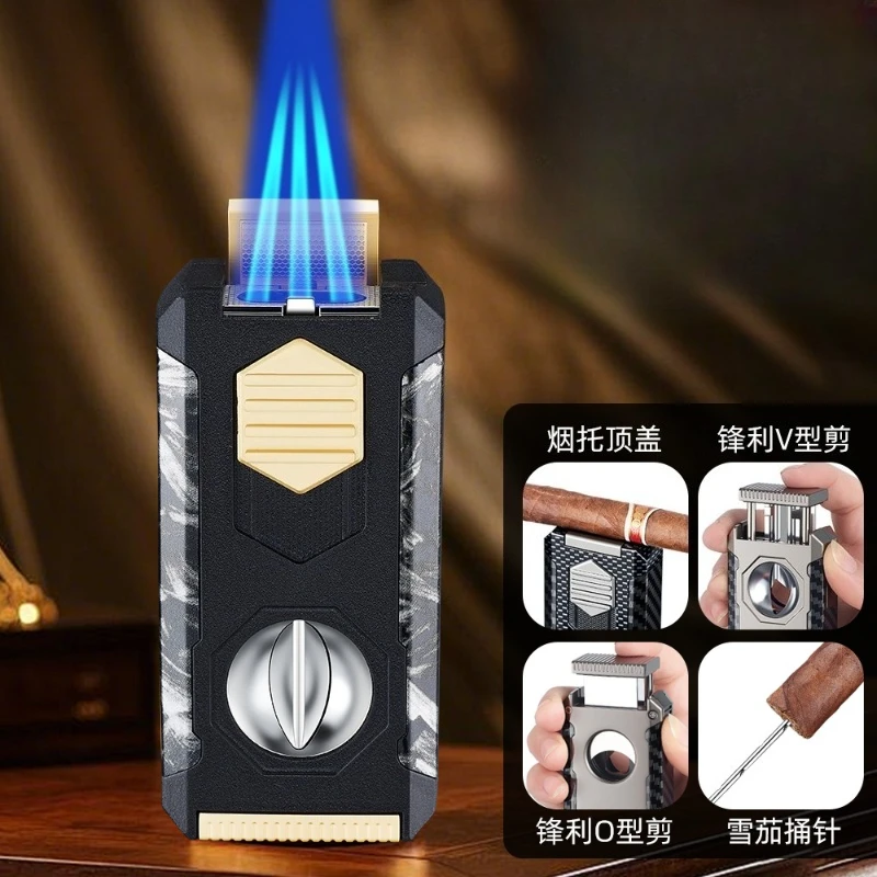 

Creative Five-in-one Three-fire Straight Cigar Lighter with V-shaped Cigar Cutter Portable Multi-function Lighter