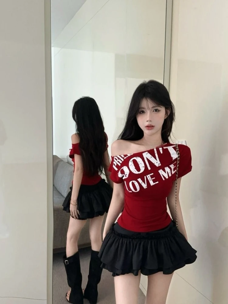 Summer Vintage Print Short Sleeve Tees 2000s Bodycon Sexy Women T Shirts Casual Subculture Y2k Korean Fashion Tops 2025 Chic