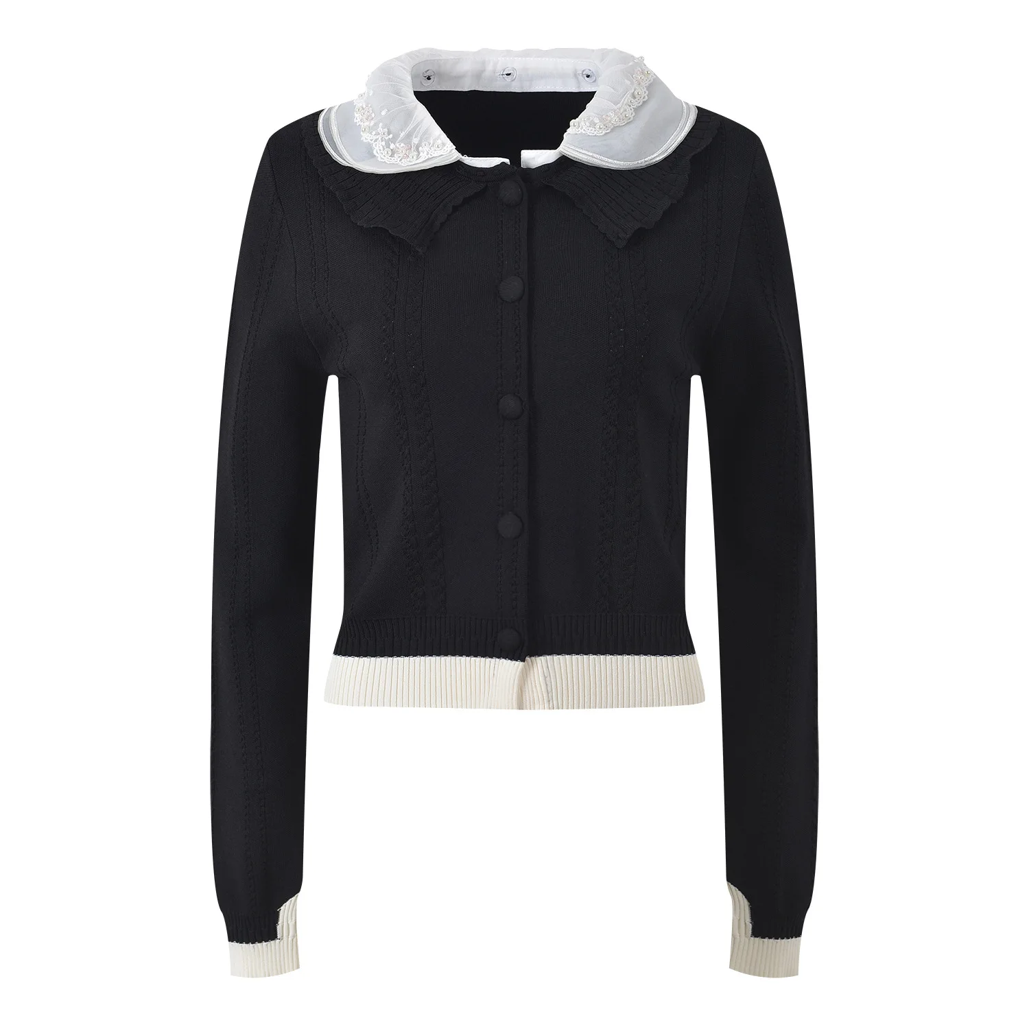 

Bla White ort Knitted Cardigan Doll Collar Splicing Lace Autumn New Sle Women's Faion Casual Pearl Embellied Top