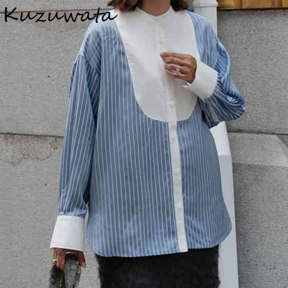 Kuzuwata Unique Personalized Casual Loose Shirt Stand Collar Panelled Stripe Blouses Japan Profile Patchwork Creative Moda Blusa