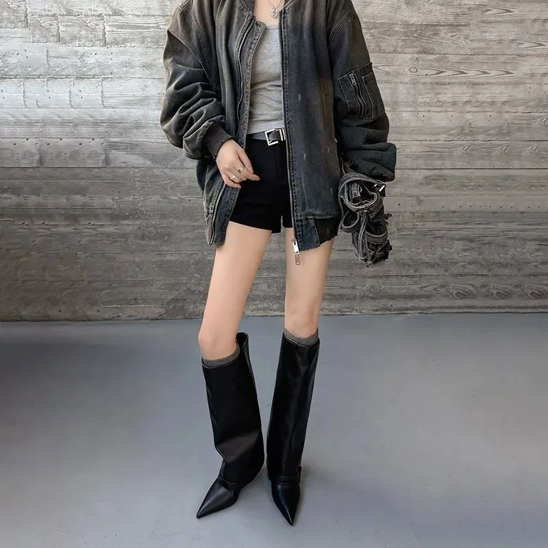 Women's Knee-high Boots Classic Black Pointed Leather Boots Designer Women Trouser Booties Temperament Fashion Boots Botas Mujer