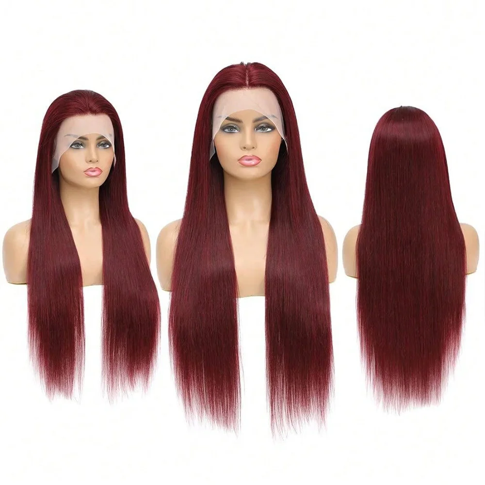 

200% Density Burgundy Color Straight Human Hair Wigs For Women 13x4 Transparent Lace Pre-Plucked 99J Straight