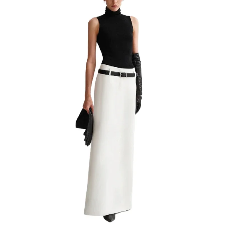 Uoozee Female Korean Fashion Black White Solid Color Elegant Maxi Skirts 2023 Summer High Waist Straight Long Skirts For Women