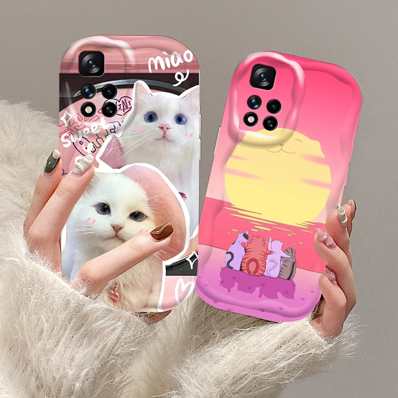 

New Kitten Cartoon Pink For Xiaomi Redmi Note 13 12 12S 11S 11 10 9 8 10A 9C 9T Pro Plus 5G Wave Oil TPU Phone Case