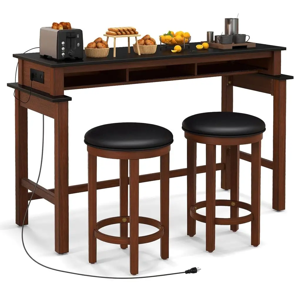 

Compact Dining Set for 2 or Bar Table with Stools, Outlet & USB Table, Breakfast Nook, 3-Piece Bar Set, Stylish Black & Walnut K