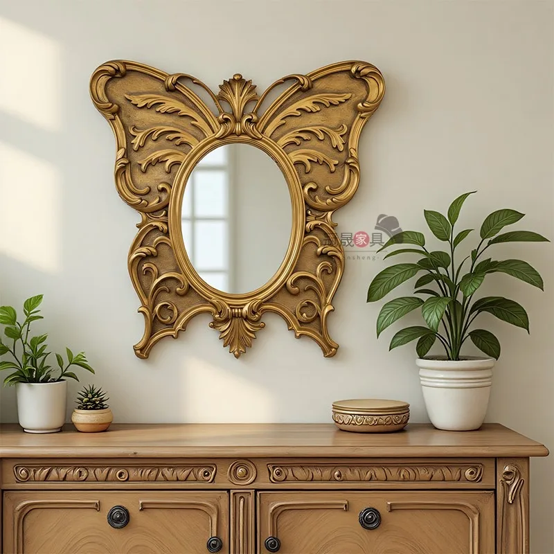 Dresser wall-mounted entrance butterfly mirror wall-mounted living room background wall carved decorative mirror