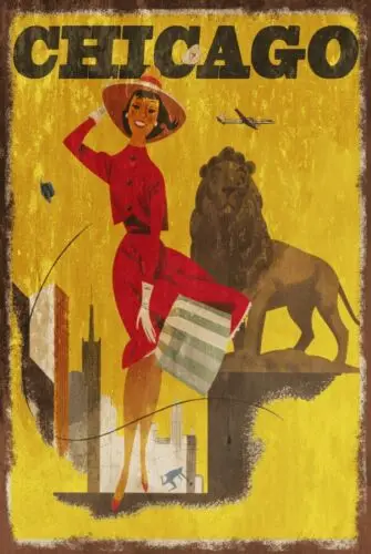 Chicago City Lady and Lion Advert Vintage Retro Style Metal Sign Plaque, Travel