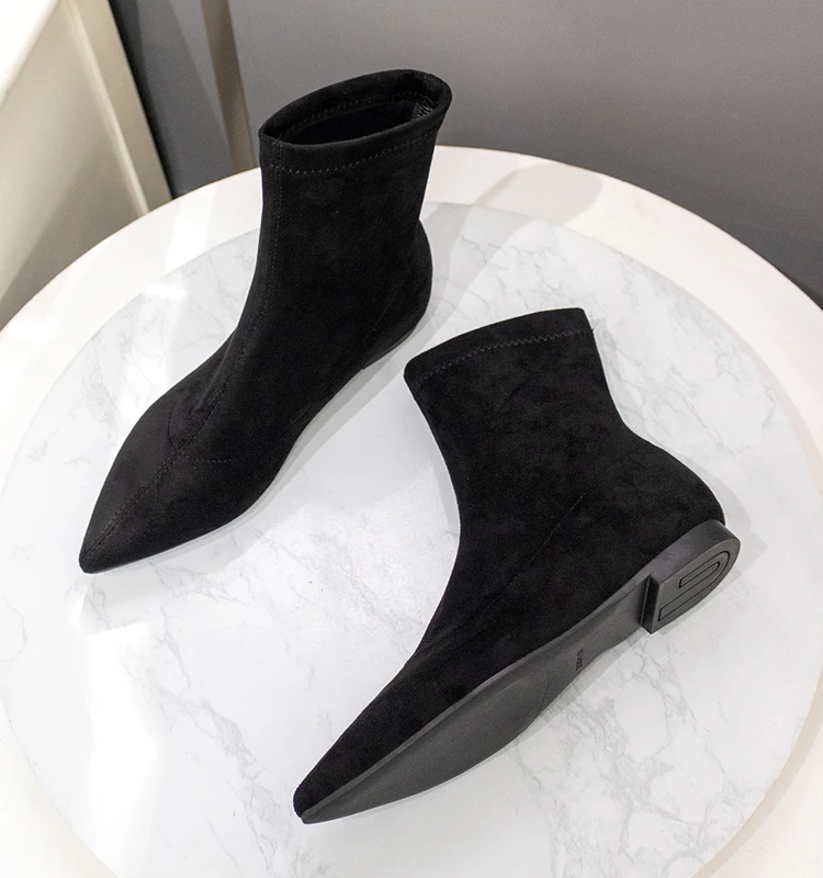 2023 Women\'s Flock Classic Black Ankle Boots Shoes Pointed Toe Low Heels Big Size 41 Short Boots Women Comfortable Dress Shoes