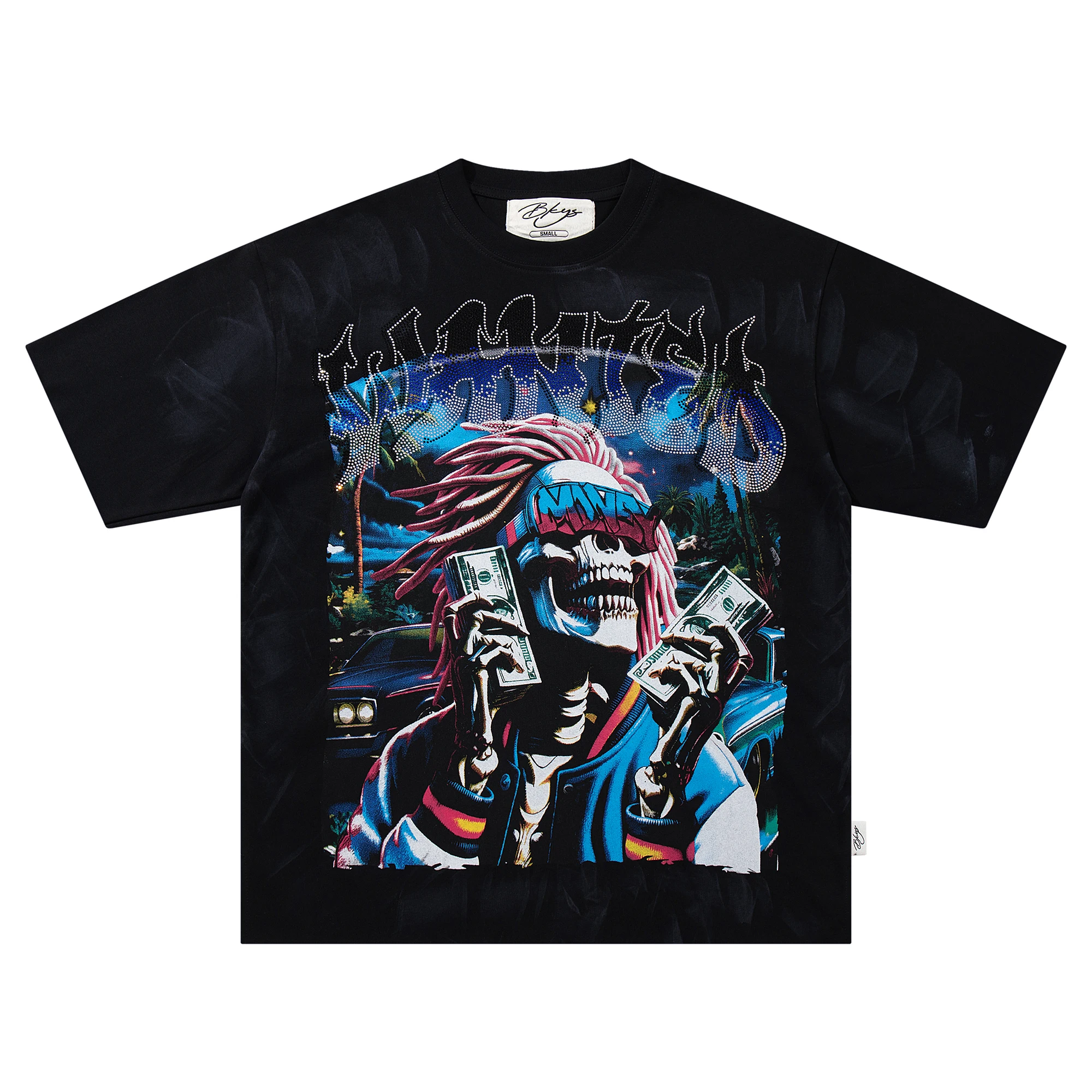 Hip Hop Rhinestones Letter Skeleton Graphic T-Shirt for Men Washed Distressed Oversized Brown Top Tee Cotton Rap Concert Outfit