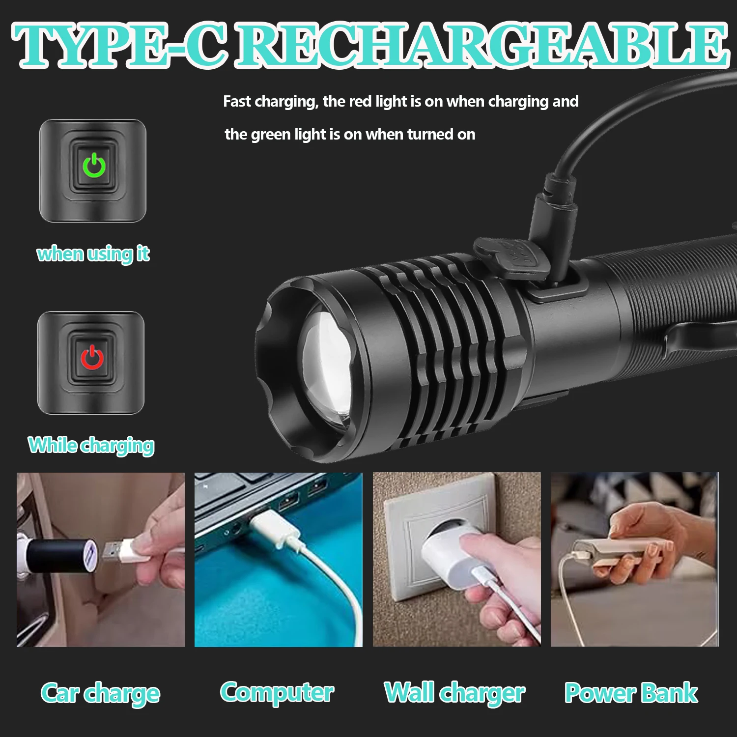 Strong Light LED Flashlight TYPE-C Rechargeable Handlight Zoom Portable with The Clip Torch Outdoor Multifunction Lantern Lamp