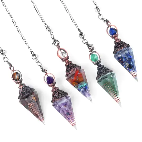 Natural Stone Hexagonal Cone Spirit Pendulum Ancient Bronze Resin Pendant Energy Stone Reiki For Jewelry Accessories Necklaces