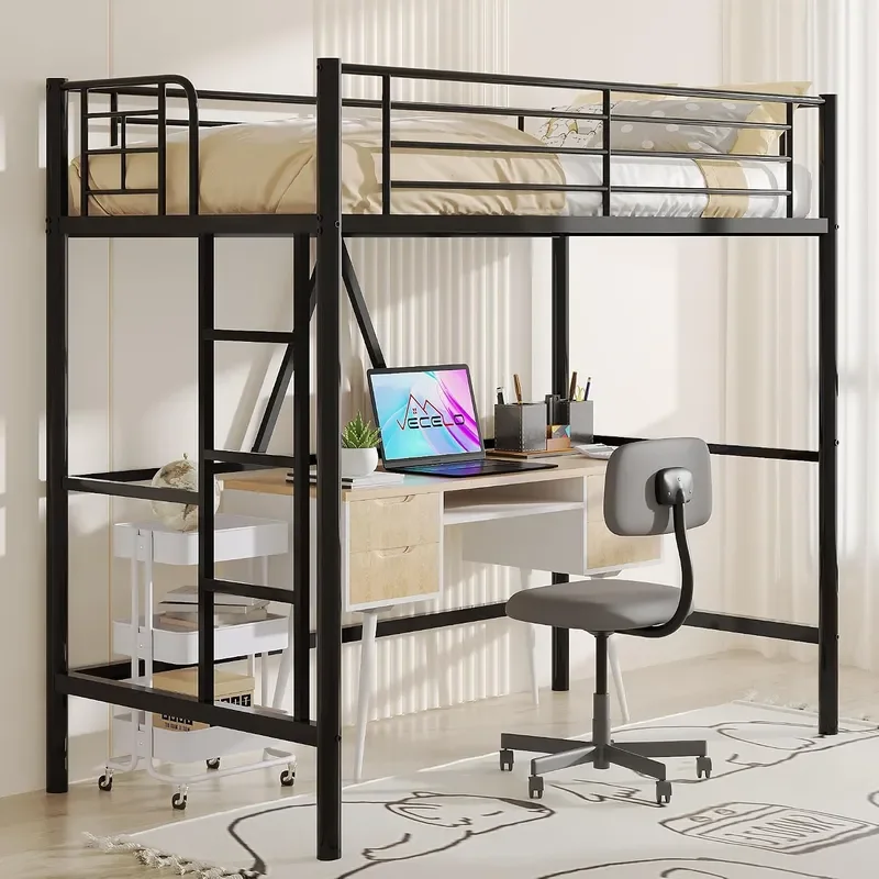 Loft Bed Twin Size Metal Bedframe with Removable Ladder and Safety Guardrail No Box Spring Needed Space Saving Noise Free