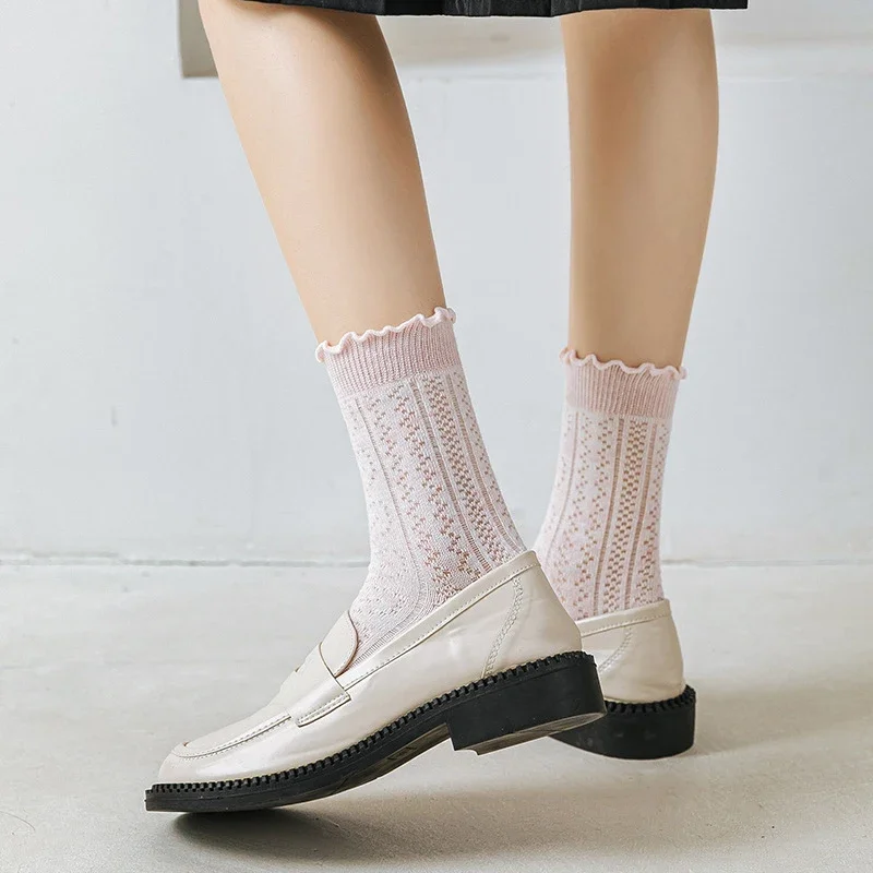 Women Socks Lolita Kawaii Cute Thin Mesh Breathable Loose Long Cotton Sock Solid Color Casual Summer Fashion Girls Ankle Sox