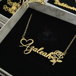 Custom Rose Flower Name Necklace Women Girl Jewelry Stainless Steel Gold Color Personalized Nameplate Pendant Necklace BFF Gift