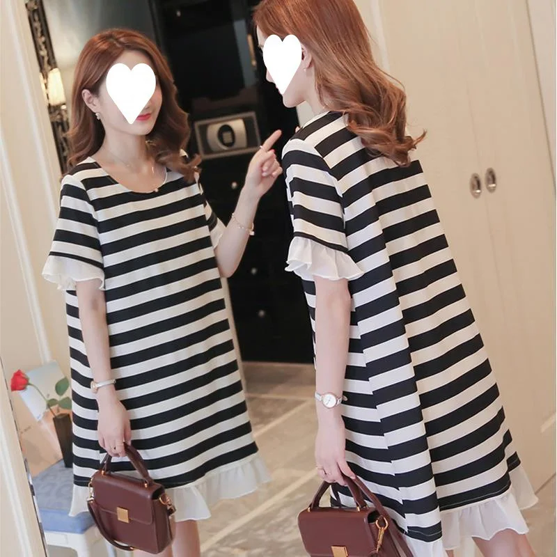 Maternity Dresses New Women Striped Patchwork Mid-Length Tops Pregnancy Summer Loose Short Sleeve Maternity T-Shirt Dresses