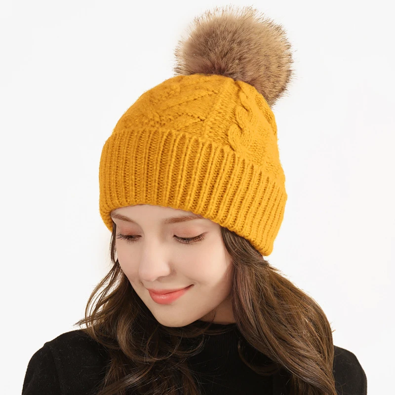 Women Knitted Hat with Pom Pom Winter Warm Fashion Versatile Velvet Bonnet Windproof Outdoor Cycling Ear Cover Beanie Hat