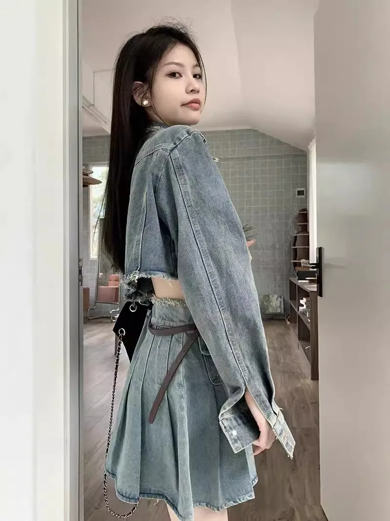 2 Piece Sets Women Outfits Cropped Denim Jackets Pleated Mini Skirts Hotsweet Tender Vintage Streetwear Fashion Girlish Mujer