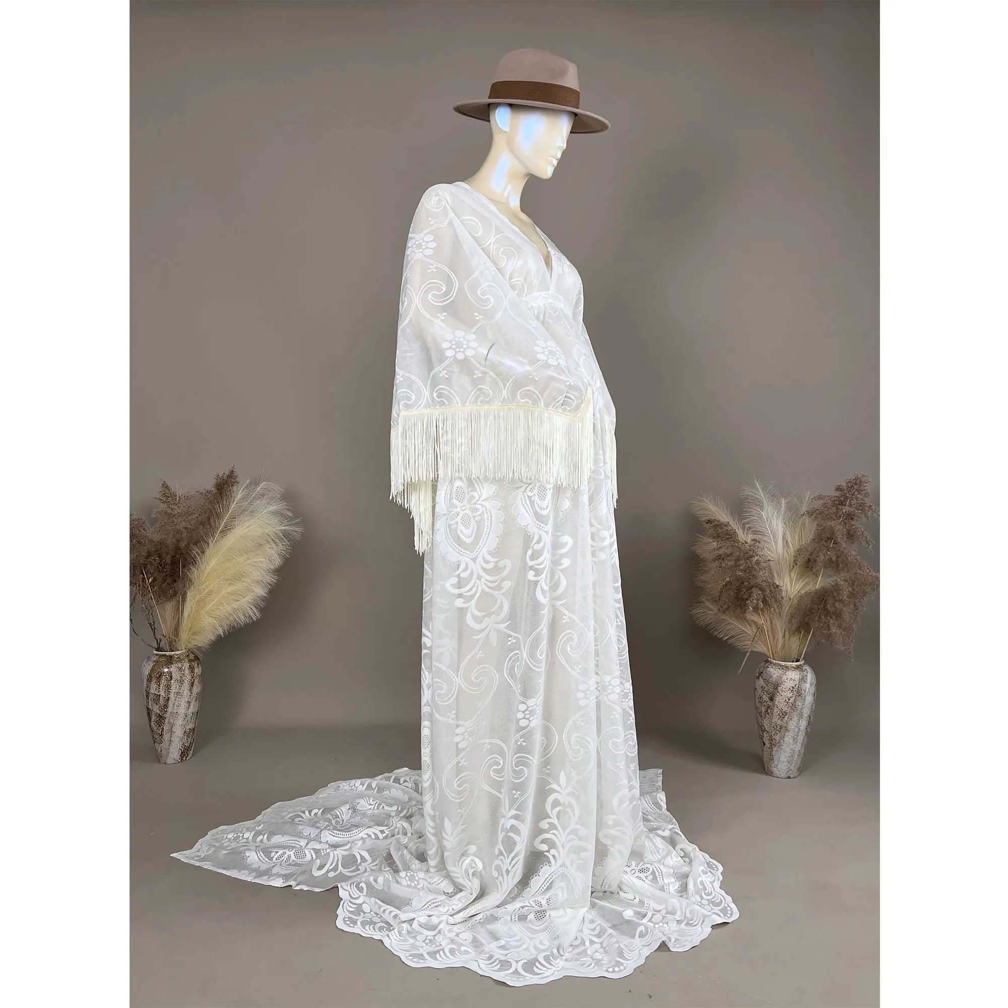 Don&Judy Boho Lace Kimono Dress with Fringe Trim Open Back Perfect for Beach Photoshoots Bridal Showers Maternity Photography