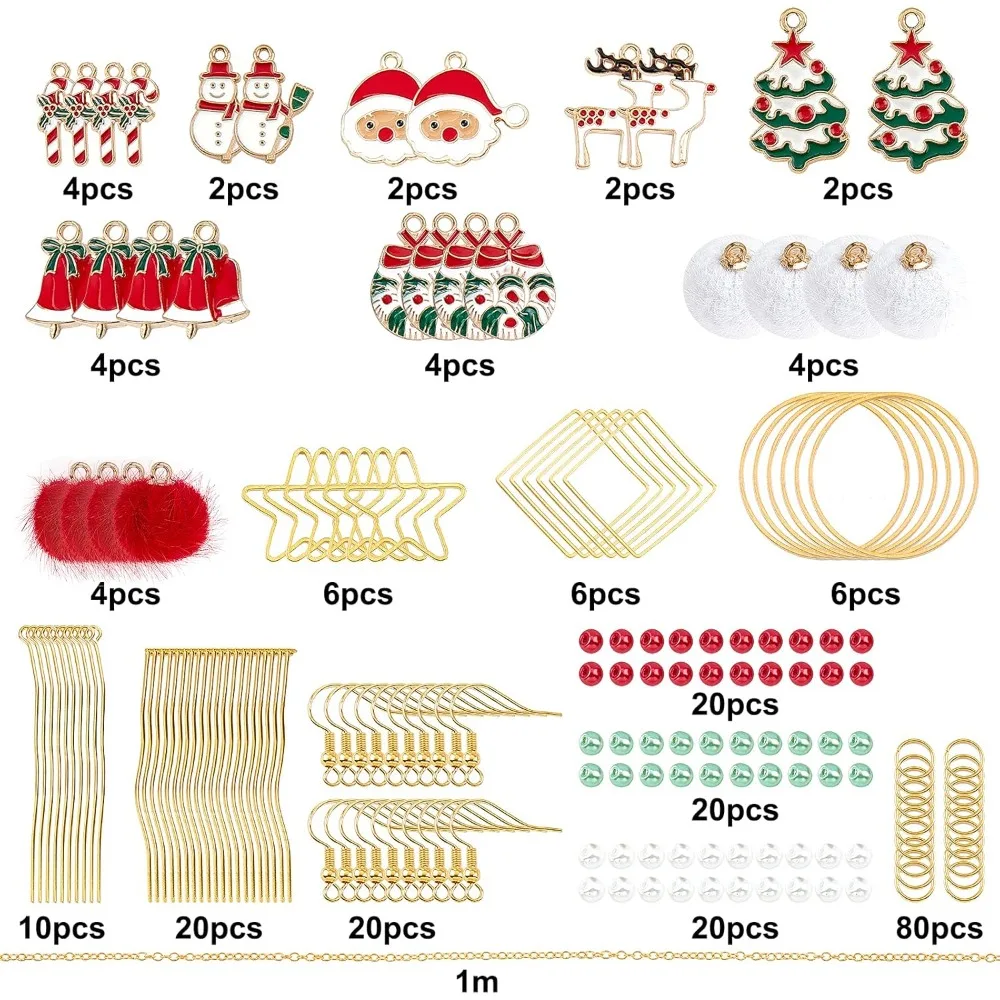 1 Box DIY 10 Pairs Christmas Themed Earring Making Kits Santa Claus Snowman Christmas Trees Reindeer Enamel Pendants Charms