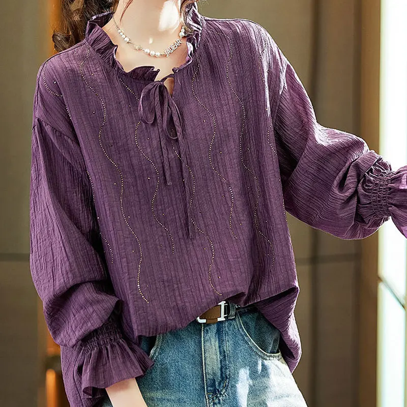 

Korean Solid Color Folds Loose Blouse Women's Clothing Casual O-Neck Ruffles Spliced Spring Autumn Shirring Chic Diamonds Shirt