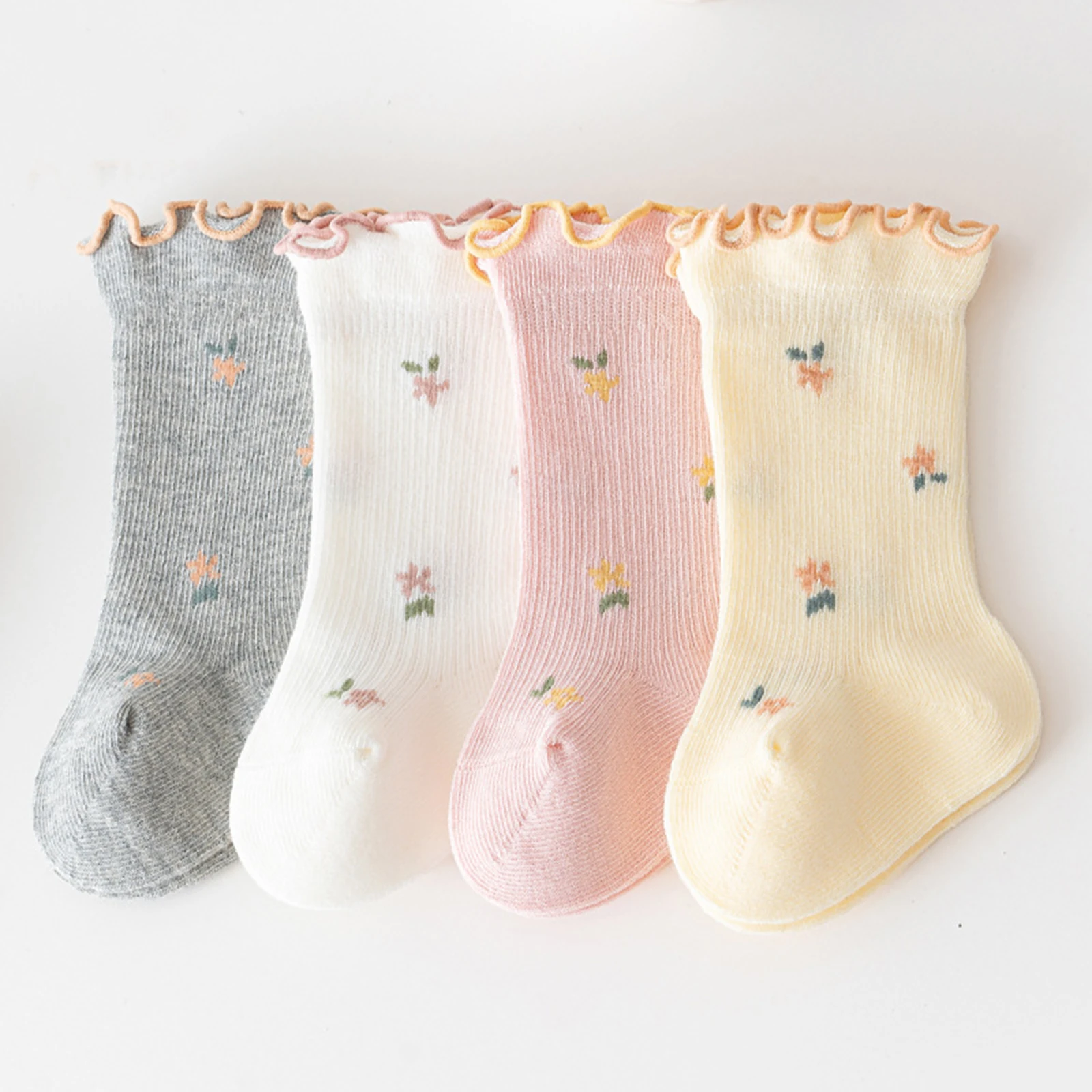 

Детские носки с цветочным принтом для малышей, милые носки до середины икры с отделкой салата, мягкие дышащие носки на зиму и осень