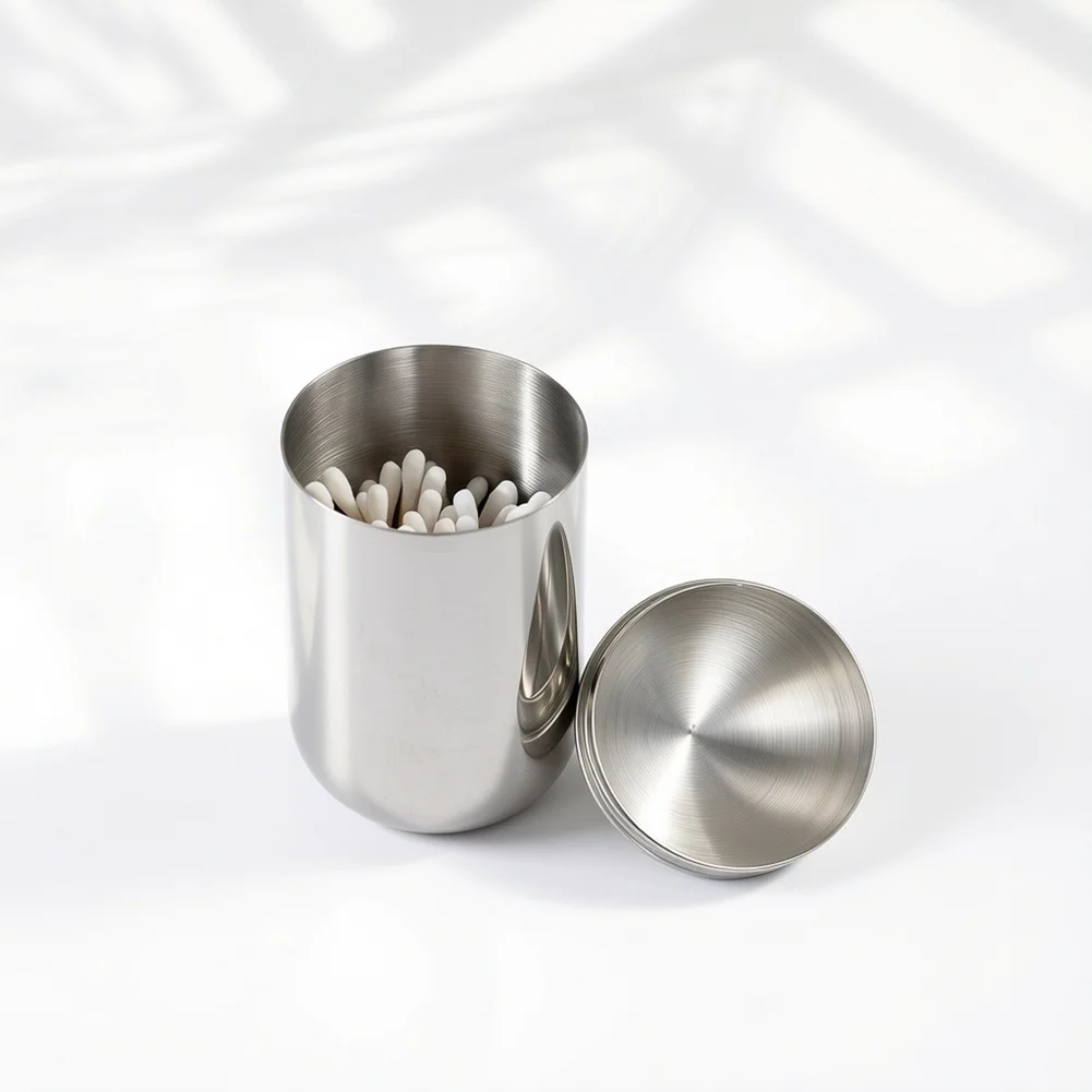 304 SS Cotton Swab Storage Box Dustproof Tight Fit Lid Compact Design for Bathroom Bedroom Toilet 7x7x14cm Silver Finish