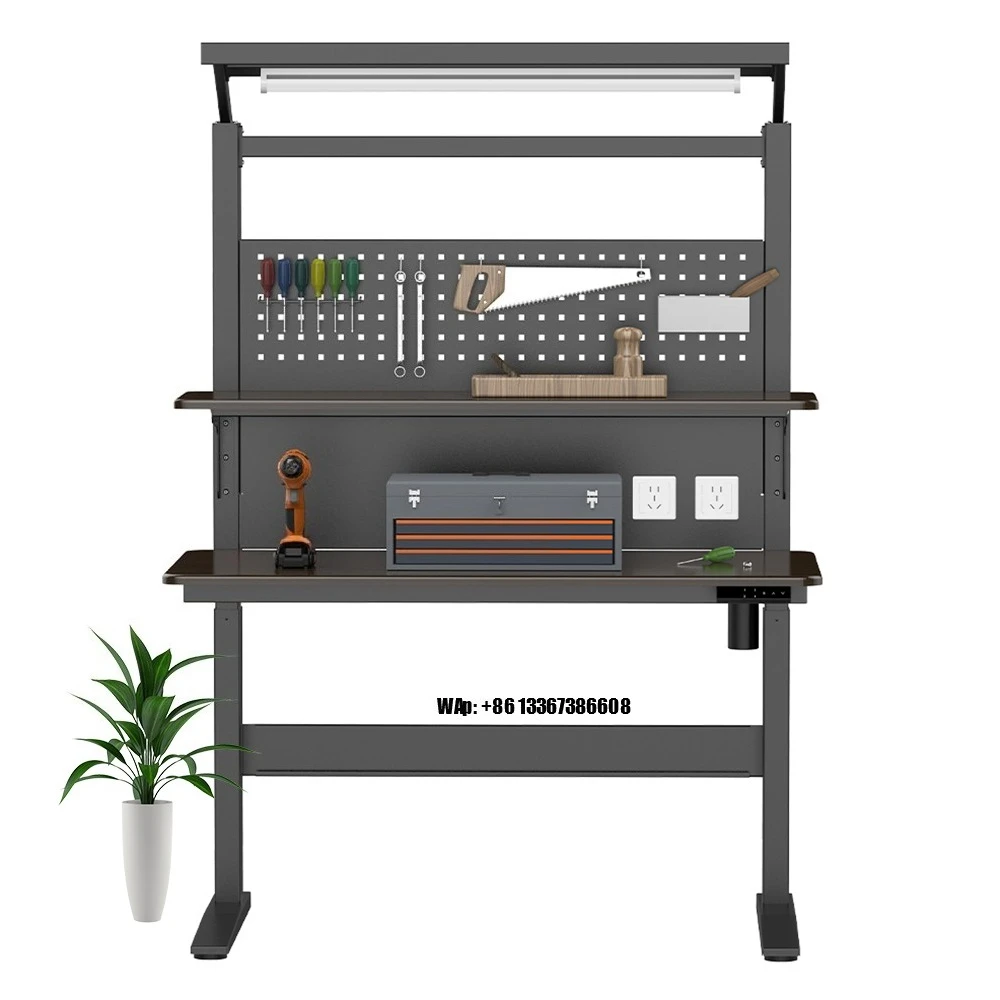 Height Adjustable Floor Standing Work Table Heavy Duty Workbench Metal Frame Wood Operation Work Bench