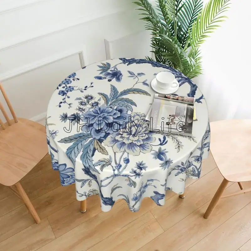 Chinoiserie Tablecloth 60 Inch Blue and White Outdoor Bule Birds Flowers Table Cloth for Party Picnic Tabletop Dining Room