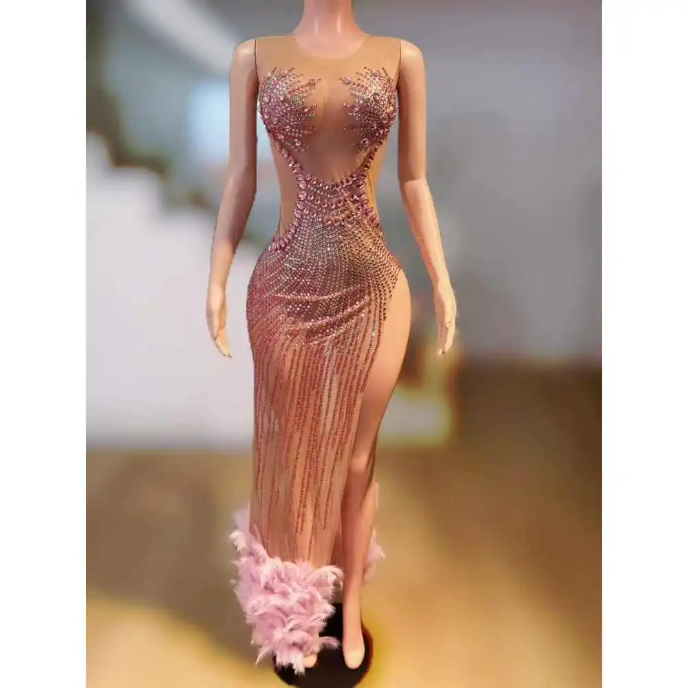 Błyszcząca sukienka z piórami dla kobiet Seksowna siateczka Przezroczysta sukienka z wysokim rozcięciem Uroczystość Urodziny Sukienka Kostium do sesji zdjęciowej