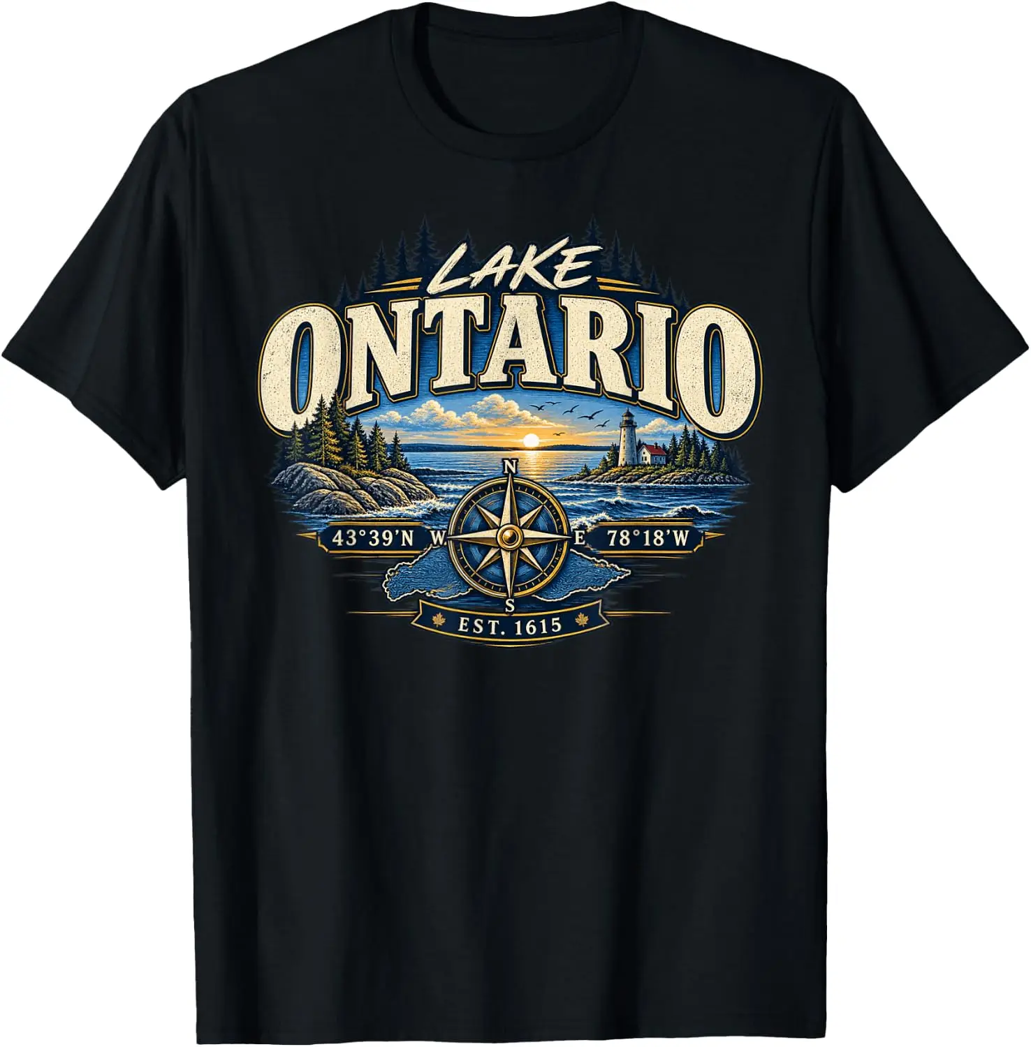 Lake Ontario EST 1615 Retro Vintage Stripe For Men Women T-Shirt Versatile, heavyweight pure cotton short-sleeve tee—trendy, thick fabric; a great gift for Christmas or Halloween.
