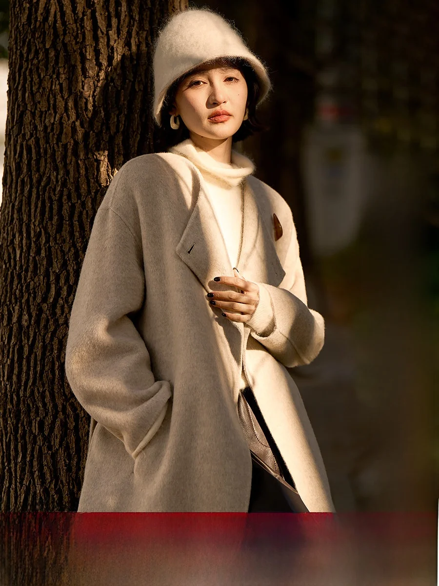 

Xhange Double-Faced Woolen Coat Long Sle with Horn Button Belt Autumn Winter Warm Faionable Women's OL Straight Cut Coat