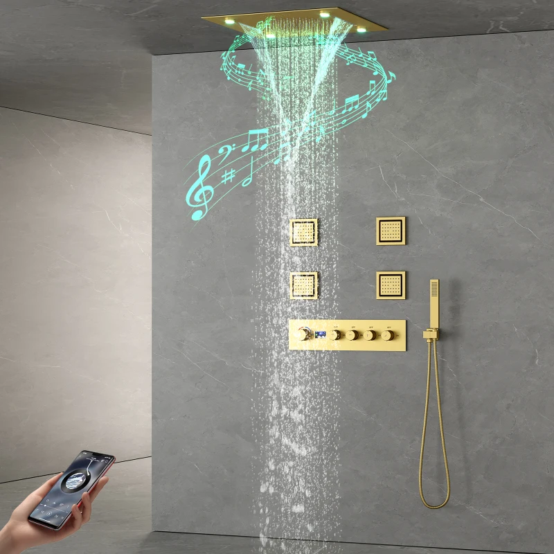 Brushed Gold 20 Inch Music LED Shower Head Cold and Hot Digital Display Shower System Modern Bathroom Shower Faucet Set