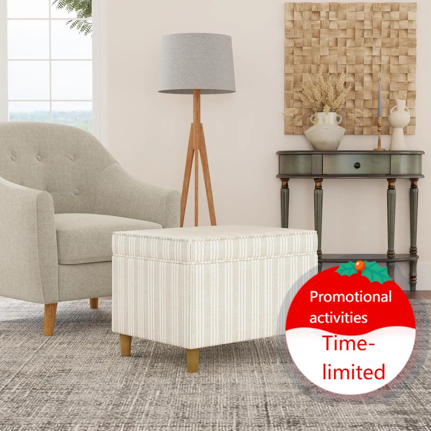 Decoración del Hogar | Colección Dinah: Otomana Moderna con Almacenamiento | Otomana con Espacio de Almacenamiento para Sala de Estar y Dormitorio (Crema con Rayas de Caléndula F)