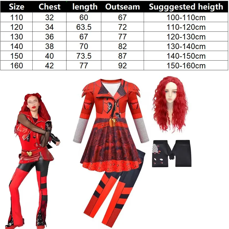 Girls Descendants Red Cosplay Costume The Rise of Red Costume for Kid Child Halloween Clothes Wig Birthday Party Fancy Dress