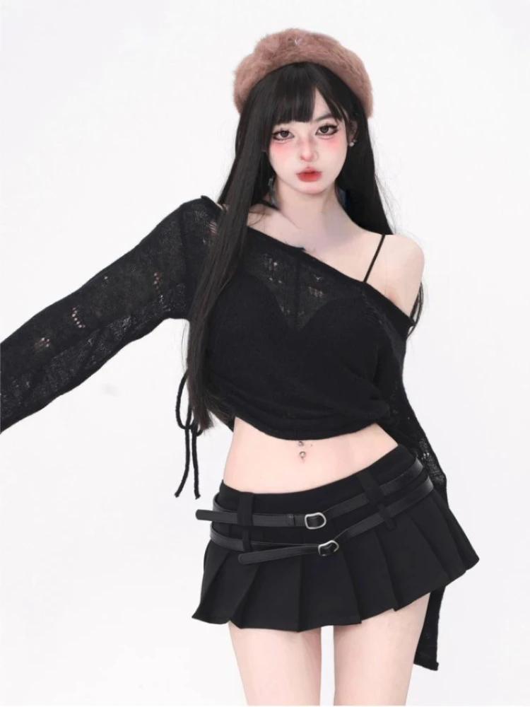 2024 Autumn Black 2 Piece Dress Set Women Casual Knitted Sweater + Y2k Mini Skirts Casual Knit Set Crop Tops Office Lady Korean