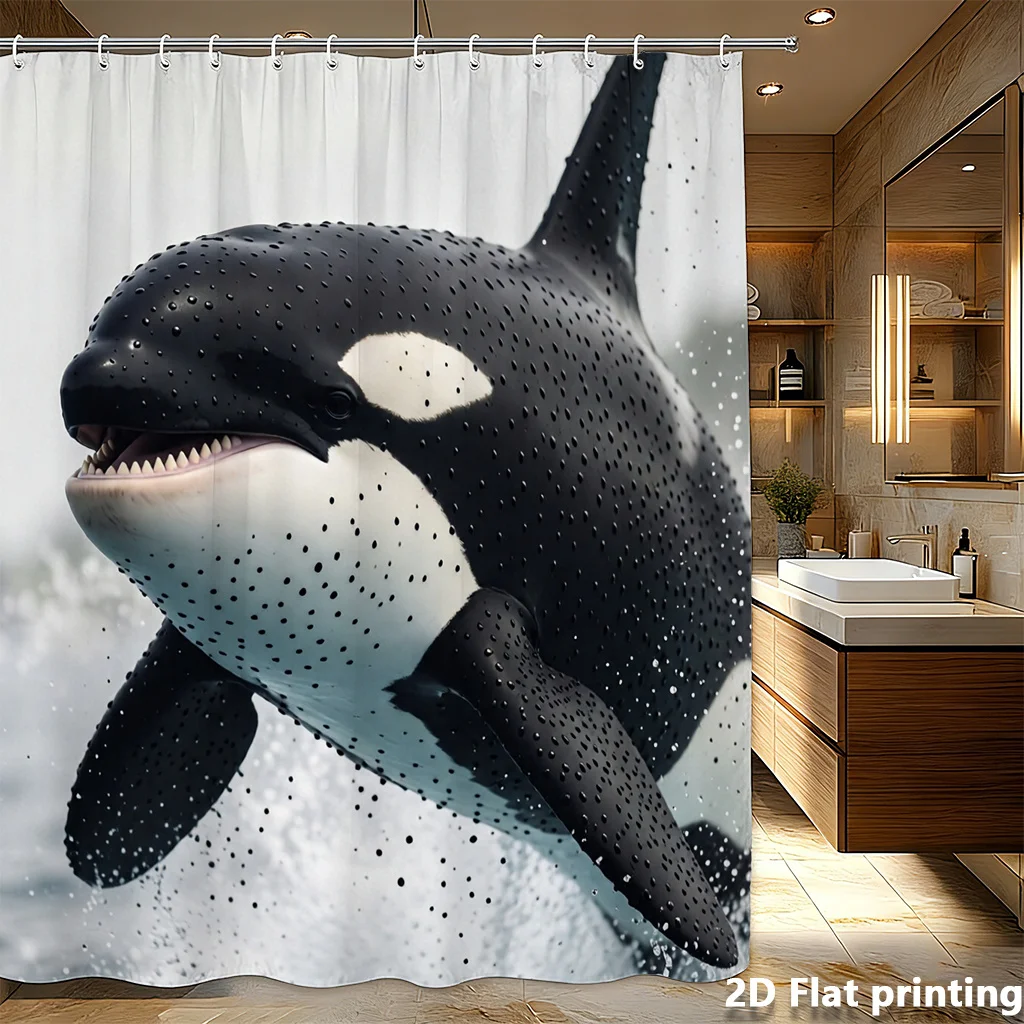 

Orca Shower Curtain – Realistic Whale Print, Black & White with Dots, 2D Flat Print, Polyester, Grommet Top, 71x71 inch
