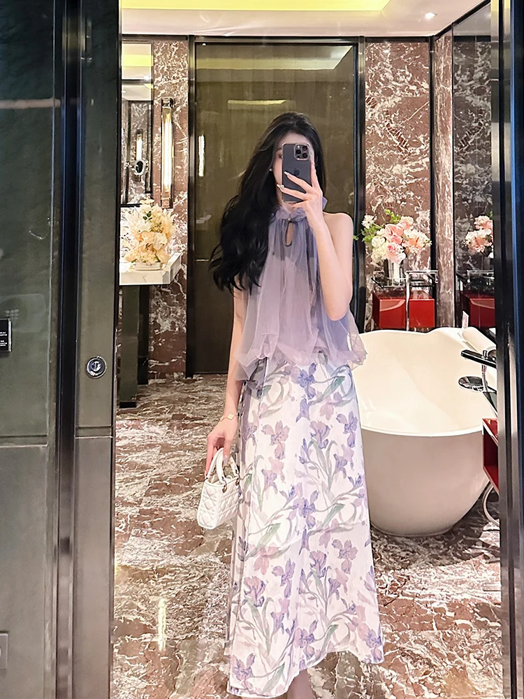 

Ele New Chinese Sle Set Women's Svel Ne Hanging Me Top Floral f Skirt Two-Piece Set Vintage National Trend