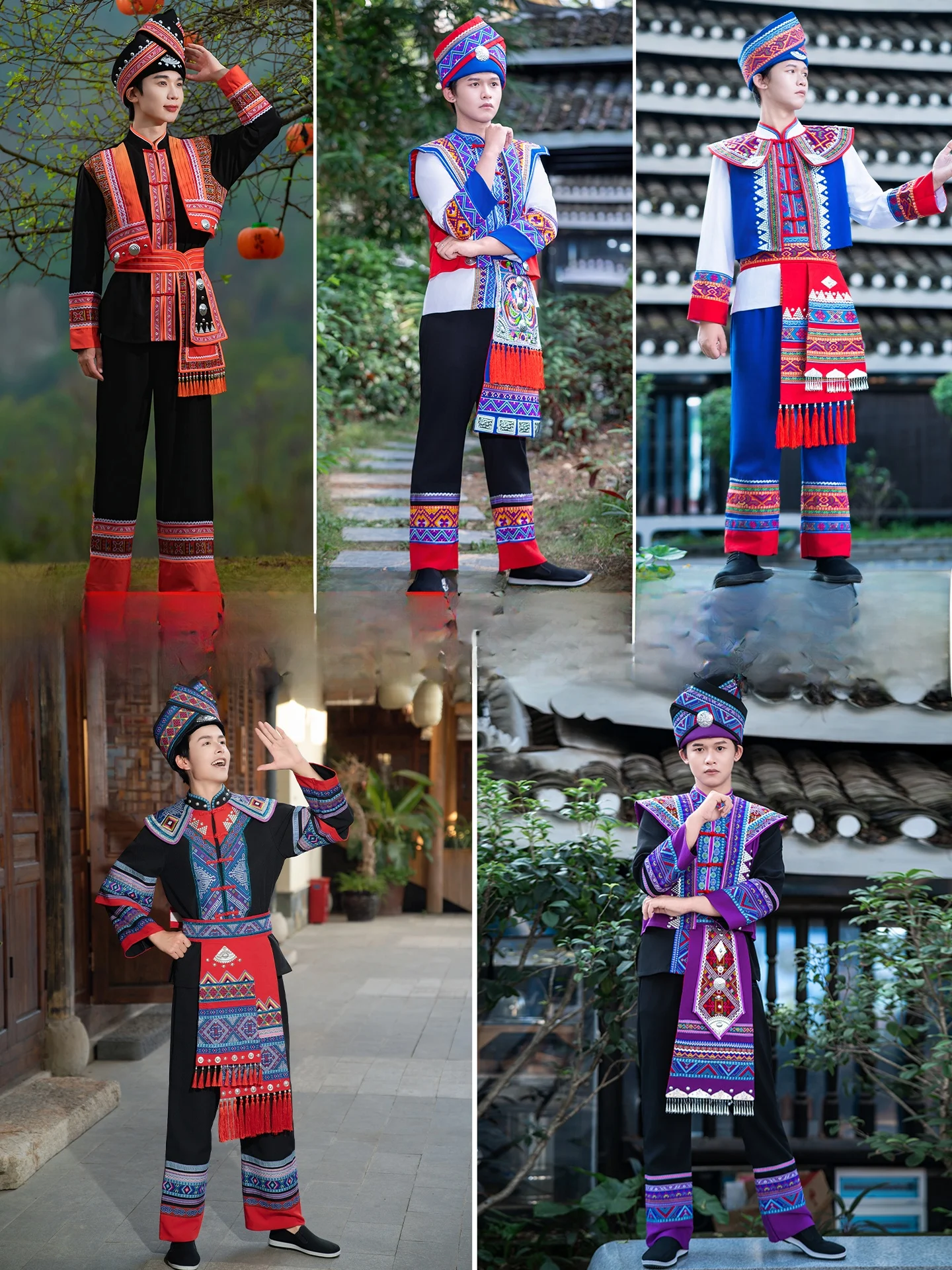 new-march-three-zhuang-ethnic-men's-clothing-set-traditional-costumes-dances-performance-ensemble-embroidered-polyester