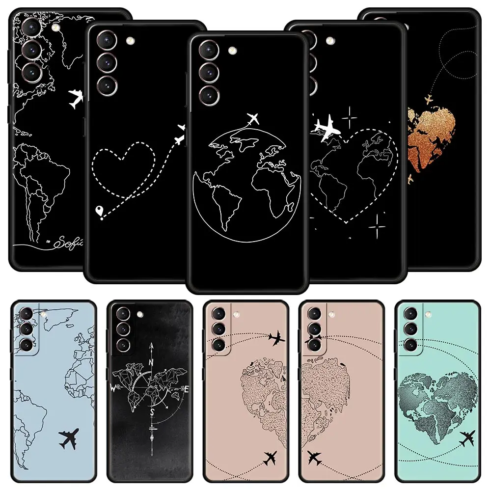 Funda de teléfono de viaje con mapa del mundo de aviones de moda para Samsung Galaxy S25 S24 S23 FE S22 Ultra S20 S21 5G S10 Plus S10E, funda negra suave