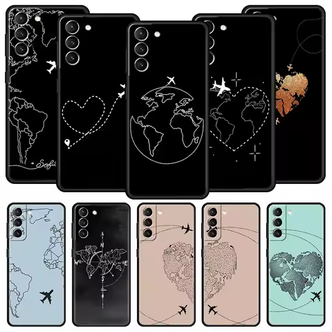 Fashion Planes World Map Travel Phone Case For Samsung Galaxy S25 S24 S23 FE S22 Ultra S20 S21 5G S10 Plus S10E Soft Black Cover