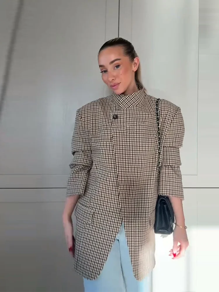 2026 Autumn Women Houndstooth Blazer Stand Collar Button Long Sleeve Pocket Loose Slit Suit Jacket Fashion Lady Office Outerwear